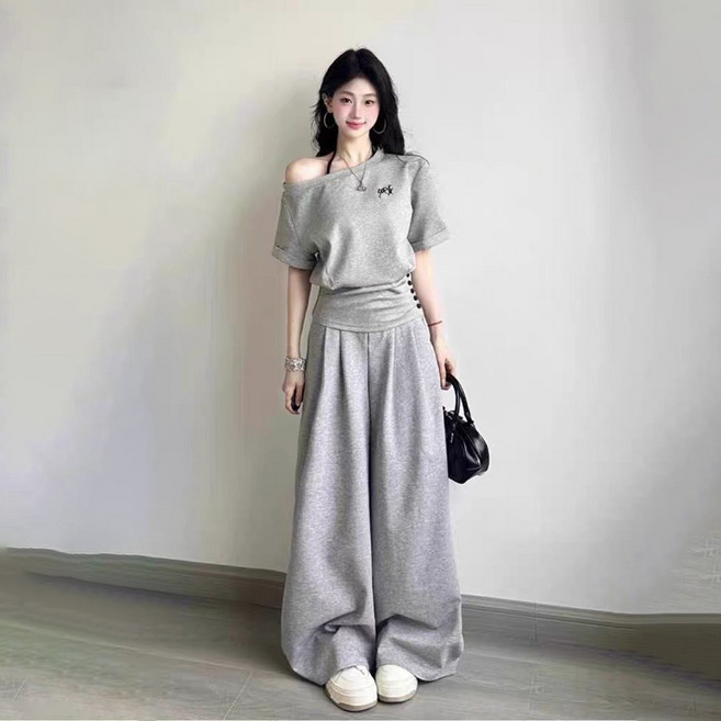 ASURE 여자 여름 트레이닝 세트 쇼트 숄더 톱 하이웨스트 와이드 팬츠 투피스