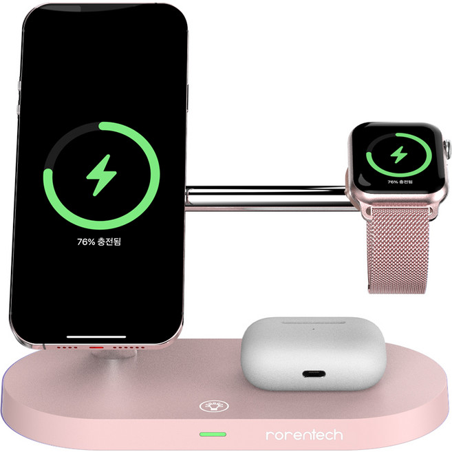 로랜텍 아이폰 애플워치 에어팟 맥세이프 고속 무선충전기, 핑크, 1개