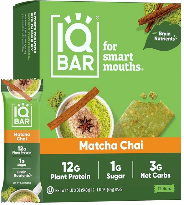 IQBAR 뇌 및 신체 식물성 - 글루텐 식사 바 단백질 코코넛 스낵, 10 Matcha Chai, 12 Count Pa of 3 - 쿠팡