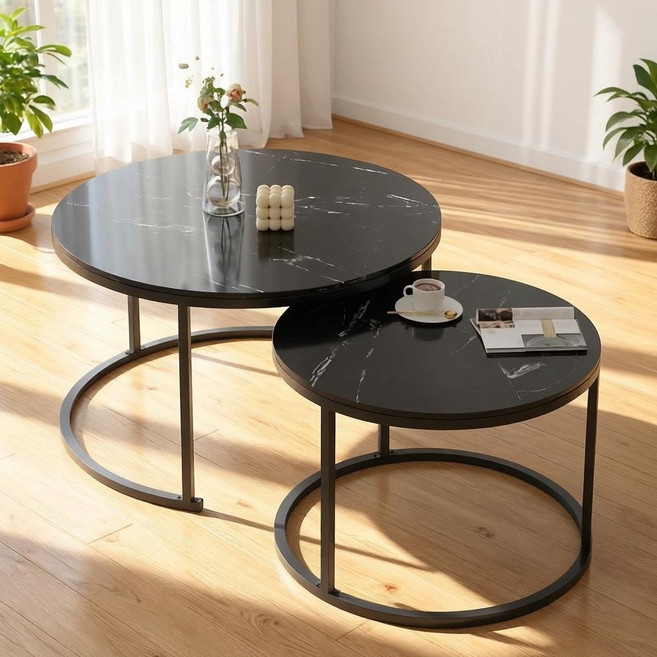 하루꿈 원형 테이블 세트 거실 소파 인테리어 접이식 조합형 홈카페 수납 디자인 티테이블, 블랙