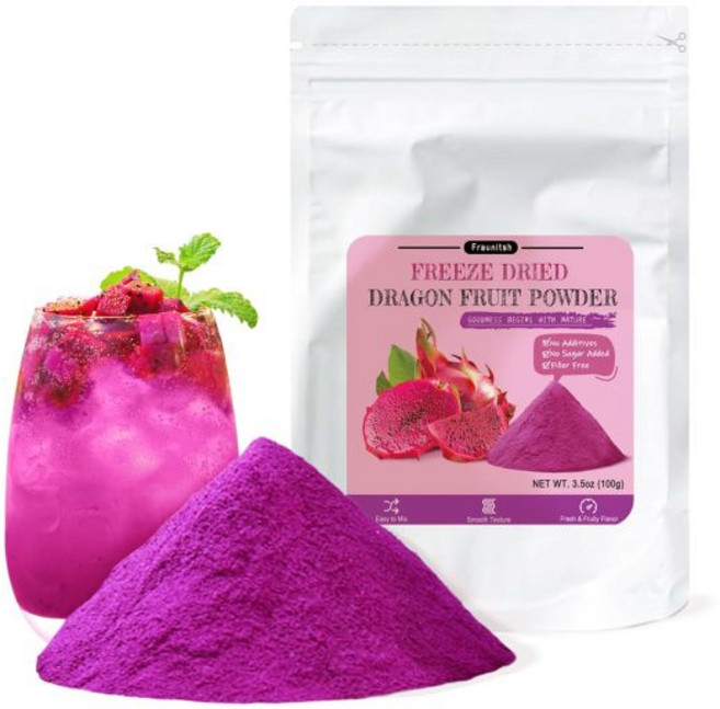 Fraunitsh 과일 가루 분말 파우더 프라운이쉬 용과 3.52온스 냉동 건조 분홍 무설탕 및 무첨가제 순수 빨간 식품 색소 스무디 베이킹 음료 생생한 레시피용, 드래곤 프루트 파우더(3.52온스)