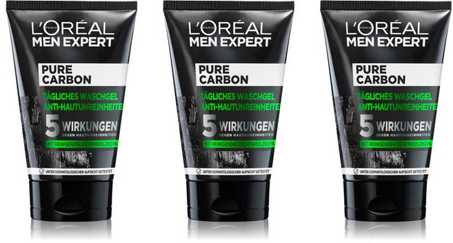 (영국직배) 로레알 맨 엑스퍼트 퓨어 카본 퓨리파잉 데일리 페이스 워시 클렌징 100ml 3팩 L'Oréal Men Expert Pure Carbon Purifying Daily, 3개