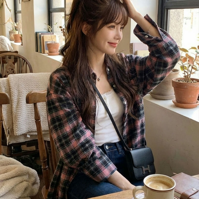 오우하하 여성 오버핏 셔츠 체크남방
