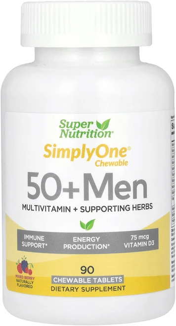 Super Nutrition SimplyOne 50대 이상 남성용 종합비타민 + 건강 증진 허브 믹스 베리 맛 츄어블 90정, Super Nutrition SimplyOne 5..., 1개 - 쿠팡