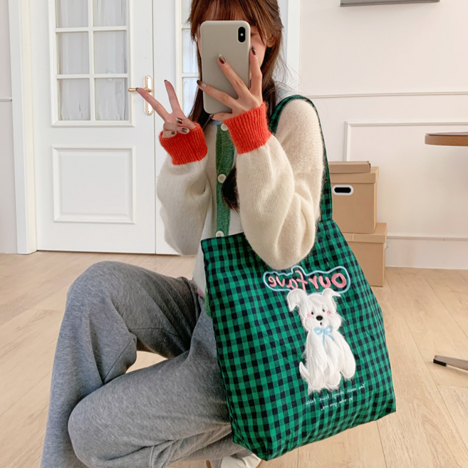 Gumimi 여성용 귀여운 털강아지 자수 숄더백 대용량 격자무늬 캔버스 토트백