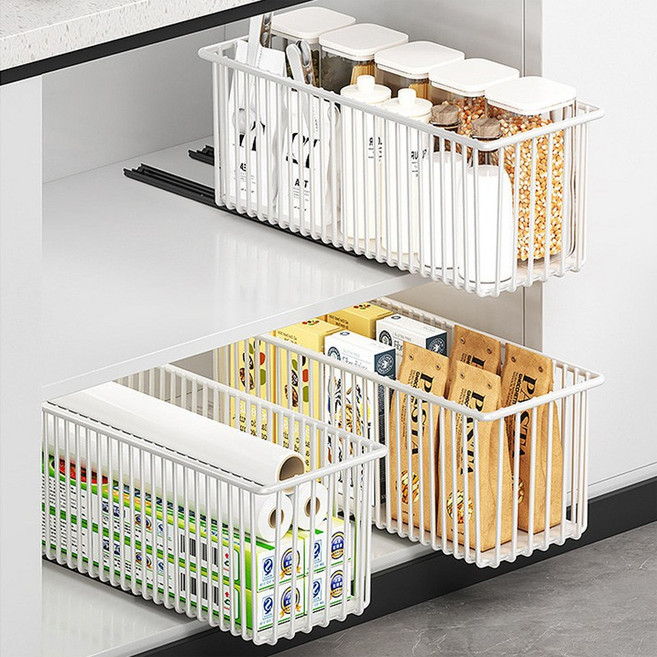 무타공 슬라이딩 선반 싱크대 레일 주방 양념통 하부장 정리 선반, 슬라이딩 선반 LSH-16, 화이트