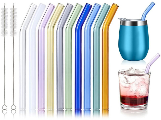 재사용 가능한 구부러진 짧은 유리 빨대 10개 15.2 x 8mm 다채로운 비산 방지 텀블러 위스키 및 칵테일 잔 컵 커피 머그잔용 클리너 브러시 2개 포함, 15.2 x 8 10 & 355 ml 쇼트 텀블러용