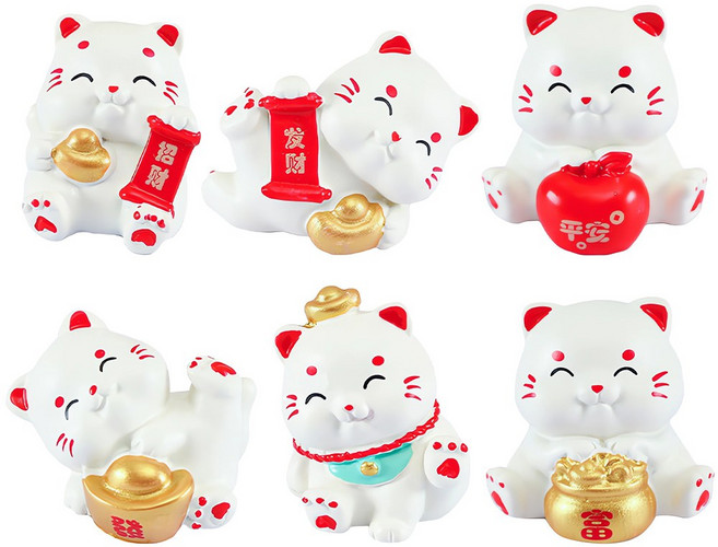 BUZOO 재물을 부르는 귀여운 미니 복고양이 귀여운 고양이 장식 미니 마네키네코, 6개, 스타일B 6개
