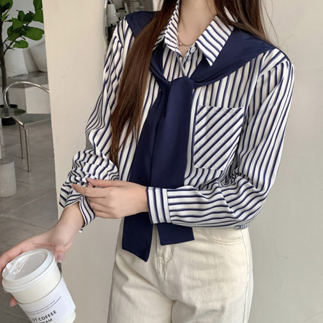 드마엘 조지프 스카프스트라이프 긴팔셔츠 블라우스+델로나-간절기 셔츠