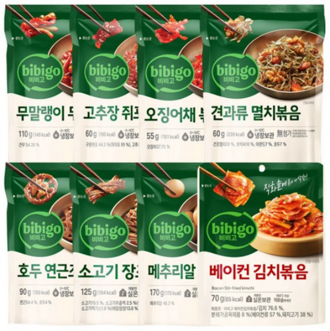 비비고 반찬모음(무말랭이+쥐포볶음+오징어채볶음+견과류멸치볶음+호두연근조림+소고기장조림+메추리알장조림+베이컨김치볶음), 1세트, 740g