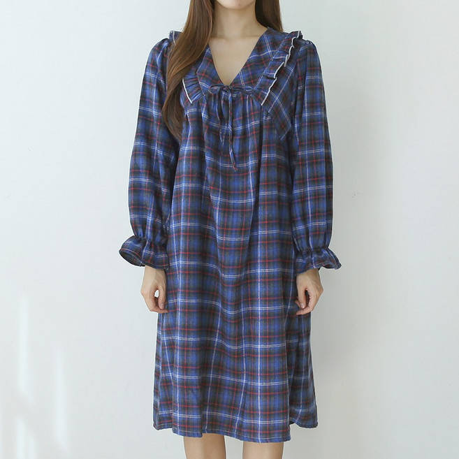 엘라운지 체크 면기모 방구석 원피스 파자마