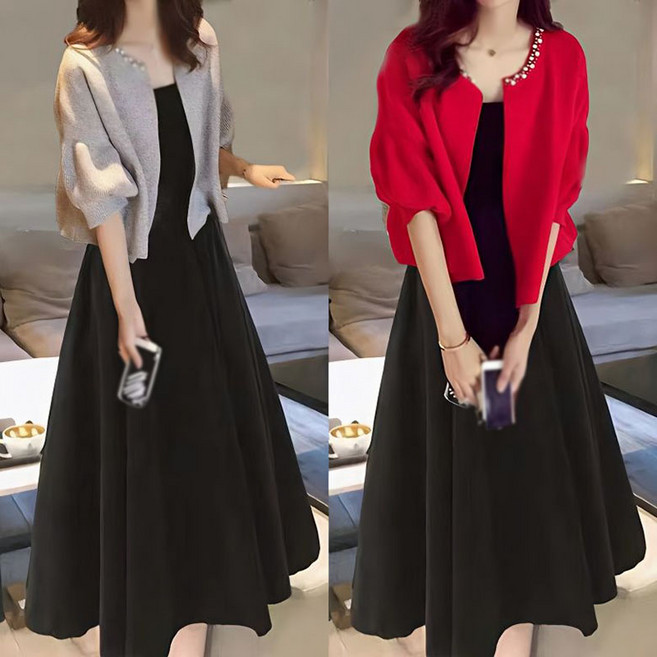 하객룩 캐주얼 진주넥 빅사이즈 니트카디건 반팔 니트티 슬림 롱원피스 봄가을 민소매 니시원피스 여성 투피스세트