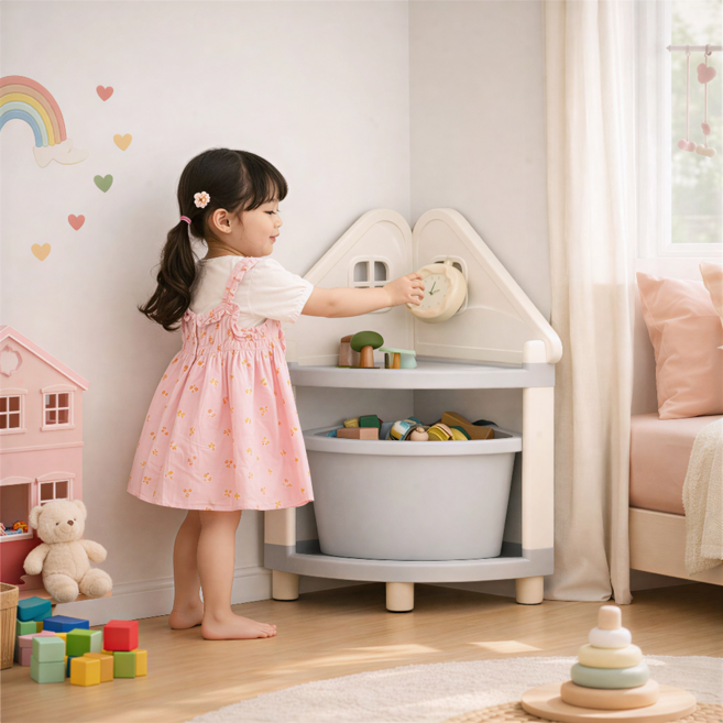 튼튼한 대용량 수납함 하우스 디자인 코너 수납장 분리형 바스켓 장난감 정리함, 1개, 그레이