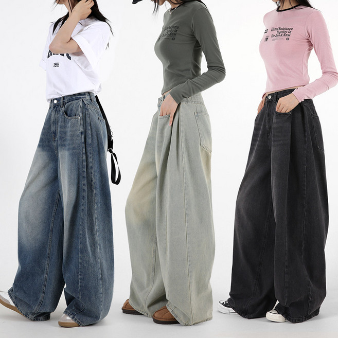 오버나인 여자 여성 와이드핏 벌룬 데님 워싱 핀턱 팬츠 청바지