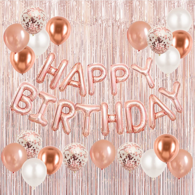 HBD 은박풍선 크롬메탈 혼합풍선세트 파티커튼 생일파티세트 [에브리띵스마일] 1221, 1세트, 로즈골드 풍선 커튼