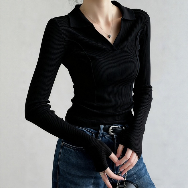 여성 니트 상의 긴팔 베이직 레트로 폴로 카라