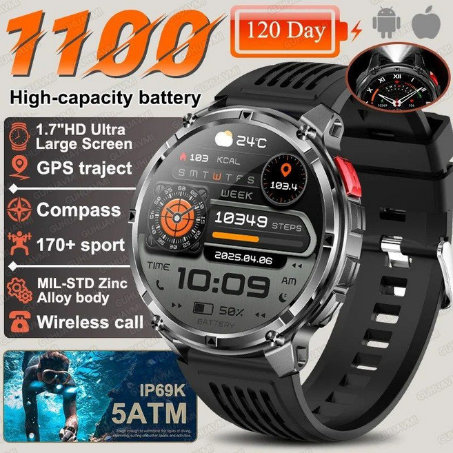 2026년 신제품 T-REX 3 PRO 1100mAh 대용량 배터리 스마트워치 10ATM 방수 GPS 1.7인치 HD AMOLED 통화 스포츠 플래시라이트 남성용, 1100mAh Big Battery, Black