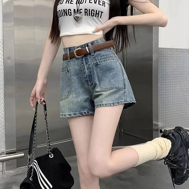 復古字闊腿牛仔短褲女夏季韓版寬鬆顯瘦高腰熱褲子