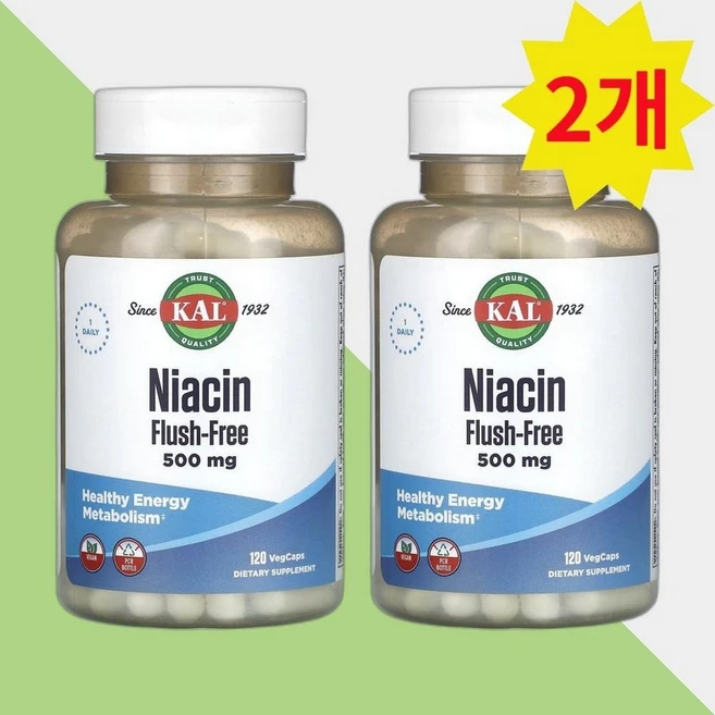 KAL 니아신 플러시 프리 500mg 120 베지캡슐, 120정, 2개 - 쿠팡