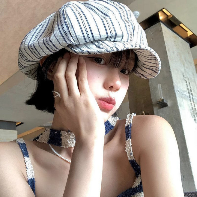 復古條紋貝雷帽 顯臉小