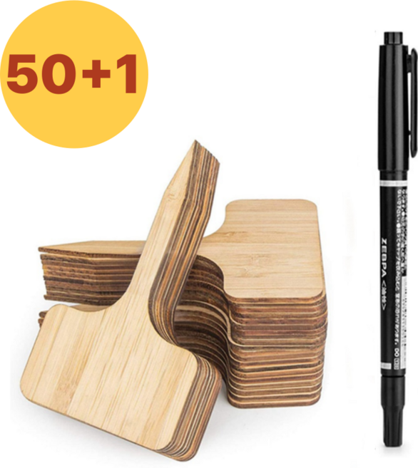 마커펜 포함 방수 대나무 T형라벨 식물표지 50개 세트, 1세트