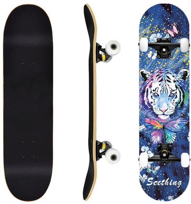 專業成人兒童滑板 四輪楓木板 初學者滑板 雙翹板 造型滑板, 專業車線輪-斑蘭虎, 1個