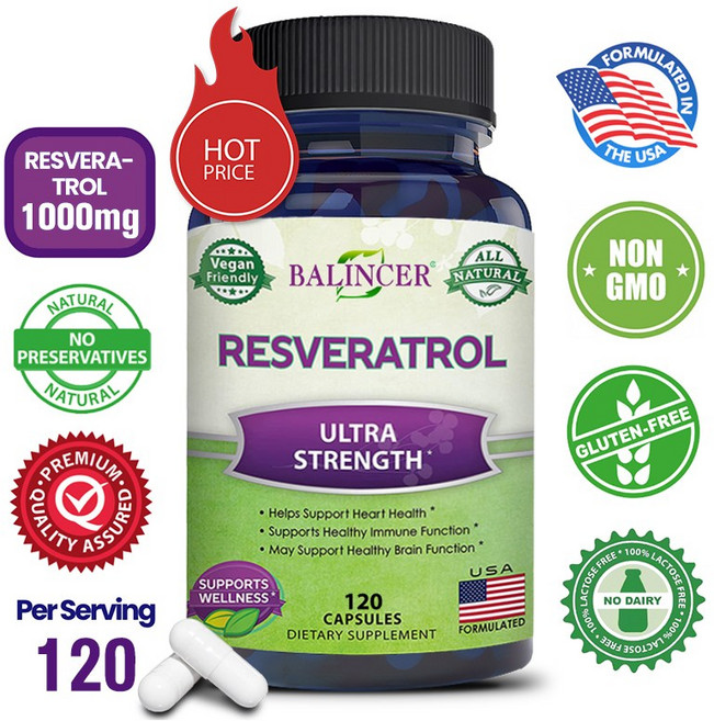 100% 천연 레스베라트롤 - 1회 제공량당 최대 강도 1000mg 항산화 보충제 트랜스-레스베라트롤 심장 건강 및 면역 기능 뇌 기능 지원, 120캡슐-3병, 120정