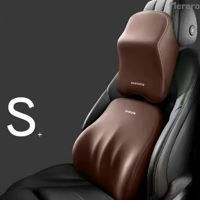 Merero 차량용 메모리폼 목쿠션 차량용허리쿠션 2종세트, 1세트, 브라운 목베개+허리쿠션