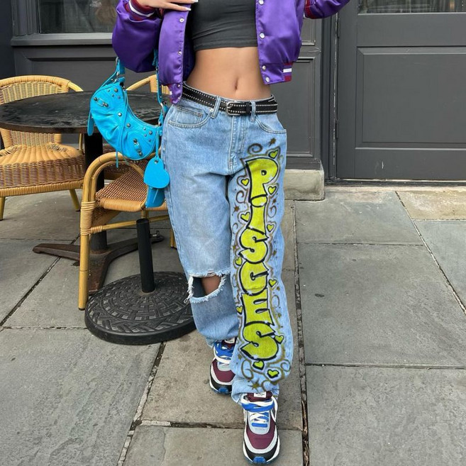 1+1 프린팅팬츠 프린팅 팬츠 데님 진 얼룩무늬 청바지 힙합 페인팅 레터링 프린트 댄스