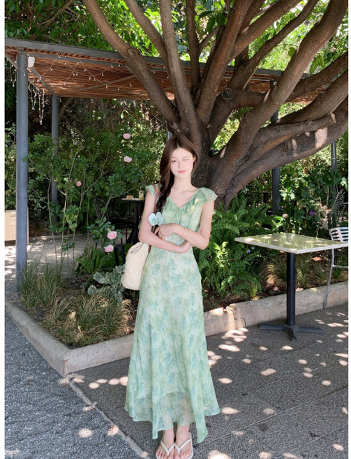 스타일닥터 여자 롱 원피스 여성 여름 캐주얼 그린 플라워 쉬폰 잔꽃 원피스 리조트룩 캐주얼