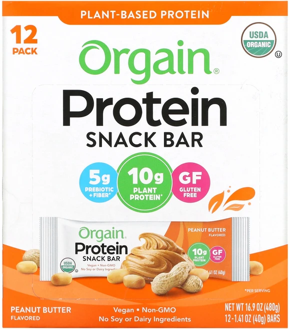 Orgain 유기농 식물 기반 단백질 바 땅콩버터 12 개입 각 1.41 oz (40 g) 1팩, 40g, 12개 - 쿠팡