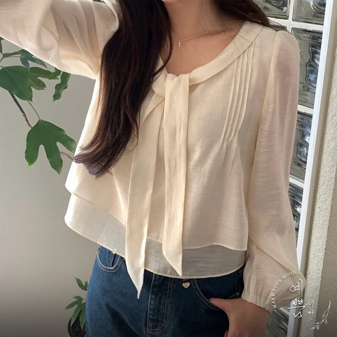 예쁨시전 청순무드 하객룩 리본 타이 쉬폰 긴팔 블라우스