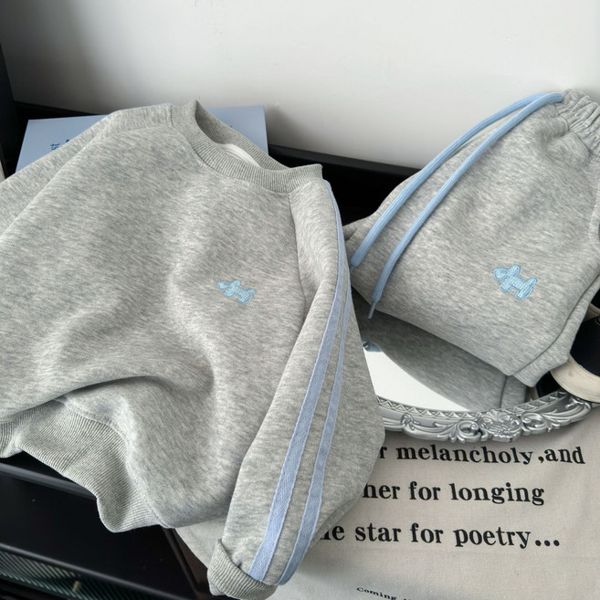 에이치제이 어린이 줄무늬 맨투맨 상하복 트레이닝 상하의 블루 자수 강아지