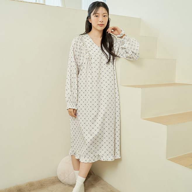 메이플라워 블루리본 긴팔 모달 면 여성 빅사이즈 홈웨어 원피스 잠옷