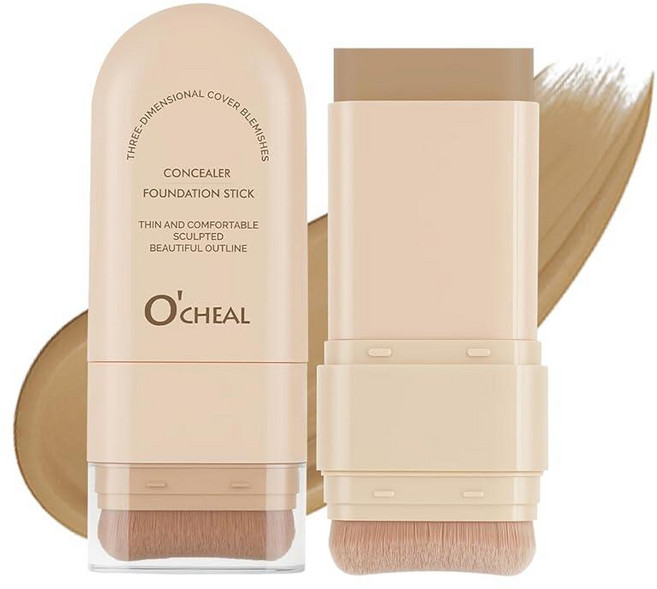 O'CHEAL 컨실러 파운데이션 스틱 2 in 1 롱래스팅 스틱 컨실러 브러시 포함 다크 서클 및 잡티를 위한 풀 커버리지 페이스 컨투어 08#옐로우 컴플렉션