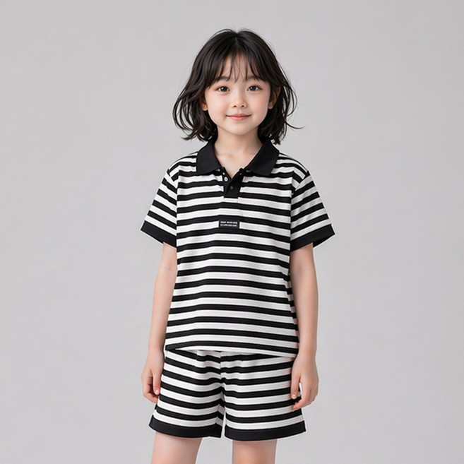 지디오 주니어 여름 상하복 반팔 카라 티셔츠 반바지 실내복 세트 스트라이프 브이넥 밴딩 팬츠