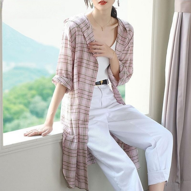 ASURE 여성 후드 세미 롱 얇은 체크무늬 긴팔 셔츠 캐주얼룩