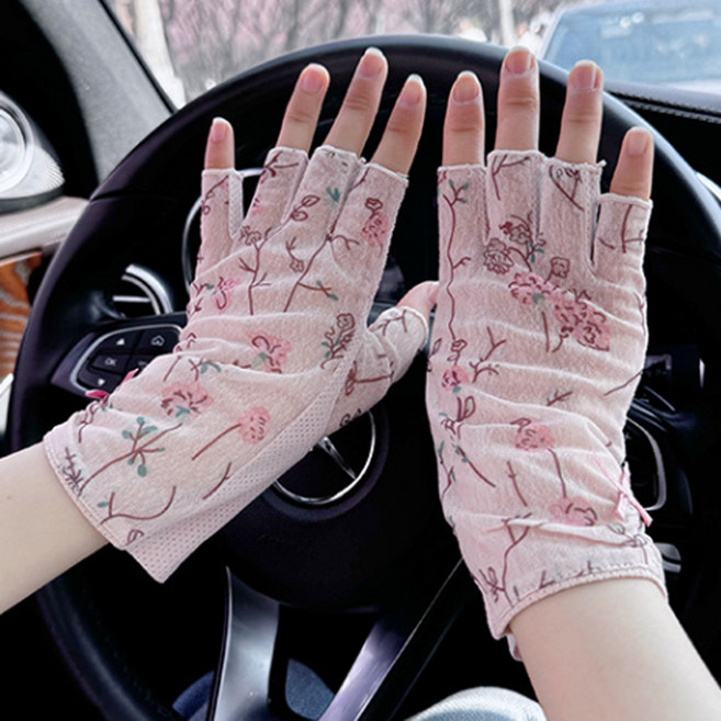 신페이드 여성 봄 여름 망사 장갑 얇은 레이스 손가락 반장갑 운전 자전거 등산, 핑크, 1개