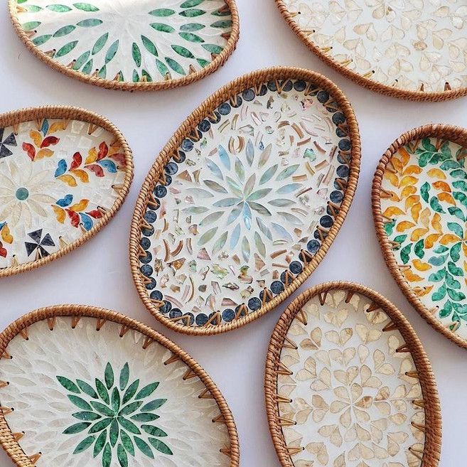 라탄바구니 자개 트레이 베트남 수공예, 5 큰 가리비 껍질 접시 (블루), 1개