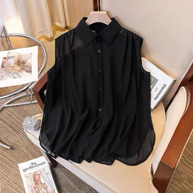 FANSYLI 여름 얇은 민소매 블라우스 여성 솔리드 심플 터틀넥 통근 셔츠 섹시 루즈핏 트임 시스루 블라우스 오피스룩 빅사이즈 X2506J14