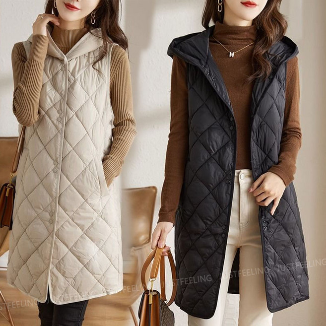 JUSTFEELING 후드 경량패딩조끼 루즈핏 간절기 아가일 따뜻한 가을 겨울 보온 민소매 패딩코트 루즈핏 편하게 롱패딩 베스트