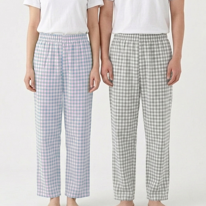 하바우 남여공용 시어서커 와이드 체크 잠옷바지 2종 세트