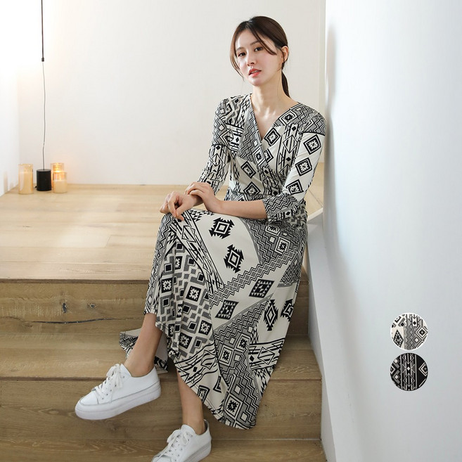 프롬코 여성 에스닉 브이넥 스판 미디 롱 원피스 [자체제작 FRC41]