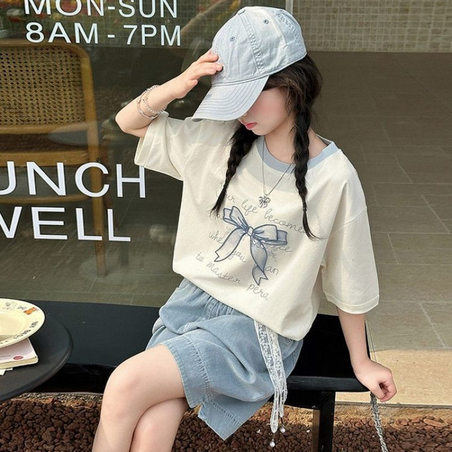 해피유통어린이 패션 세트 반팔 프린트 티셔츠와 캐주얼 반바지 귀여운 스타일14세 이상 XG03