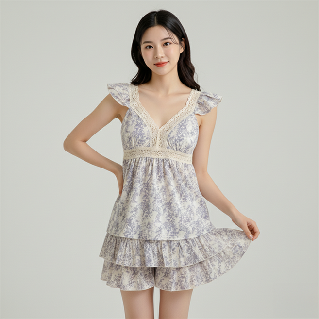 데일로엔 여성 러블리 레이스 브라캡 잠옷 투피스 세트 플라워 홈웨어 파자마