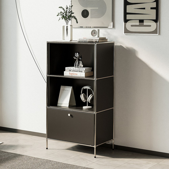 올리비아 미드센츄리 철제 모듈 선반 높은 협탁 수납장 장식장, 2단 장식장 오픈형, 600_블랙