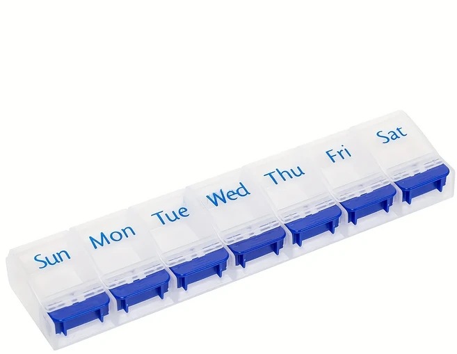 호환 주간 알약 정리함 친화적 BPA 프리 여행용 7일 알약 상자 케이스 스프링 오픈 디자인 대형 칸막이, 02 파란 - 쿠팡