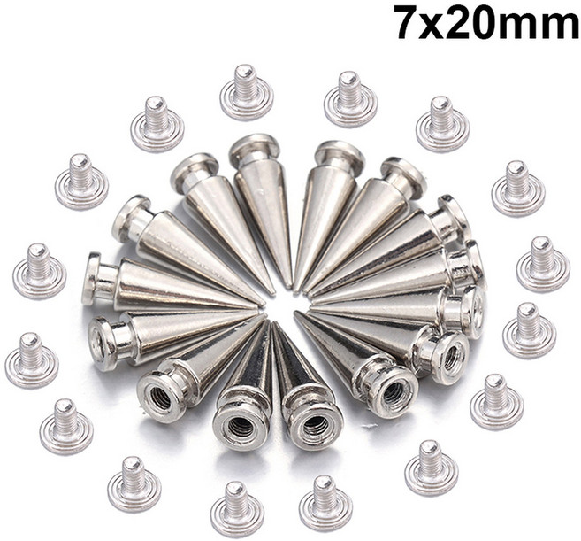 실버 콘 스터드 및 스파이크 금속 더블 캡 리벳 라운드 네일 리벳 DIY 의류 신발 가방 액세서리 도매, 7x20mm, 7x20mm