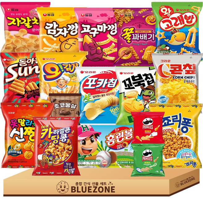 스낵 과자 세트 자갈치 꿀꽈배기 고구마깡 감자깡 포카칩 오감자 꼬북칩 썬칩 왕고래밥 홈런볼 콘칩 카라멜땅콩 죠리퐁 신짱 초코몽실 프링글스 오리지널 어니언, 17개