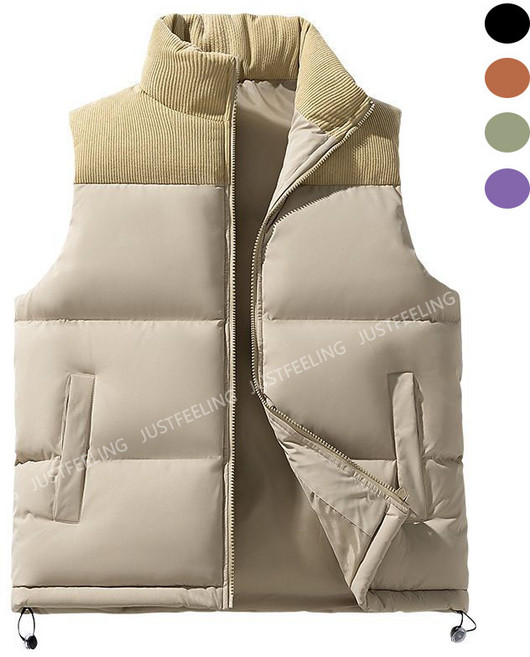 JUSTFEELING 남녀공용 코듀로이 패치 솜패딩조끼 커플룩 가을 겨울 보온 따뜻한 배색 패딩조끼 민소매 패딩코트 점퍼 빅사이즈 M-5XL